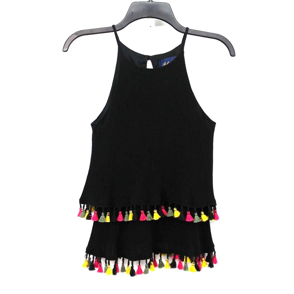 Blue Rain Tank Top Womens Extra Small Black Spaghetti Straps with Tassel Accents